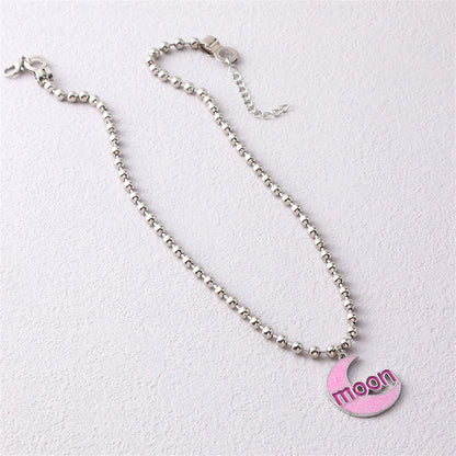 Pink Enamel and Silver-Plated 'Moon' Crescent Pendant Necklace, silver pendant necklace for women, detail close-up