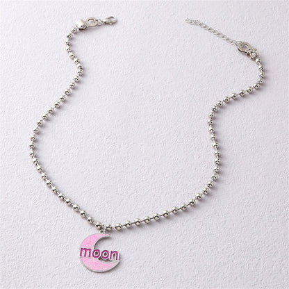 Pink Enamel and Silver-Plated 'Moon' Crescent Pendant Necklace, silver pendant necklace for women, lifestyle look
