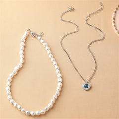 Blue Enamel & Pearl Silver-Plated Heart Pendant Necklace Set