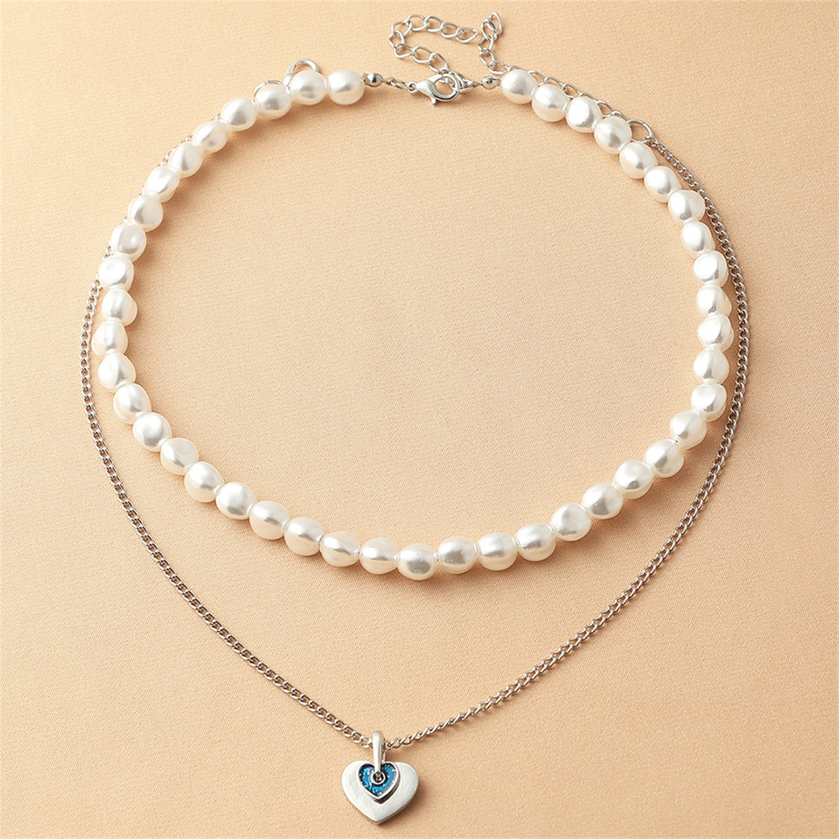 Blue Enamel & Pearl Silver-Plated Heart Pendant Necklace Set