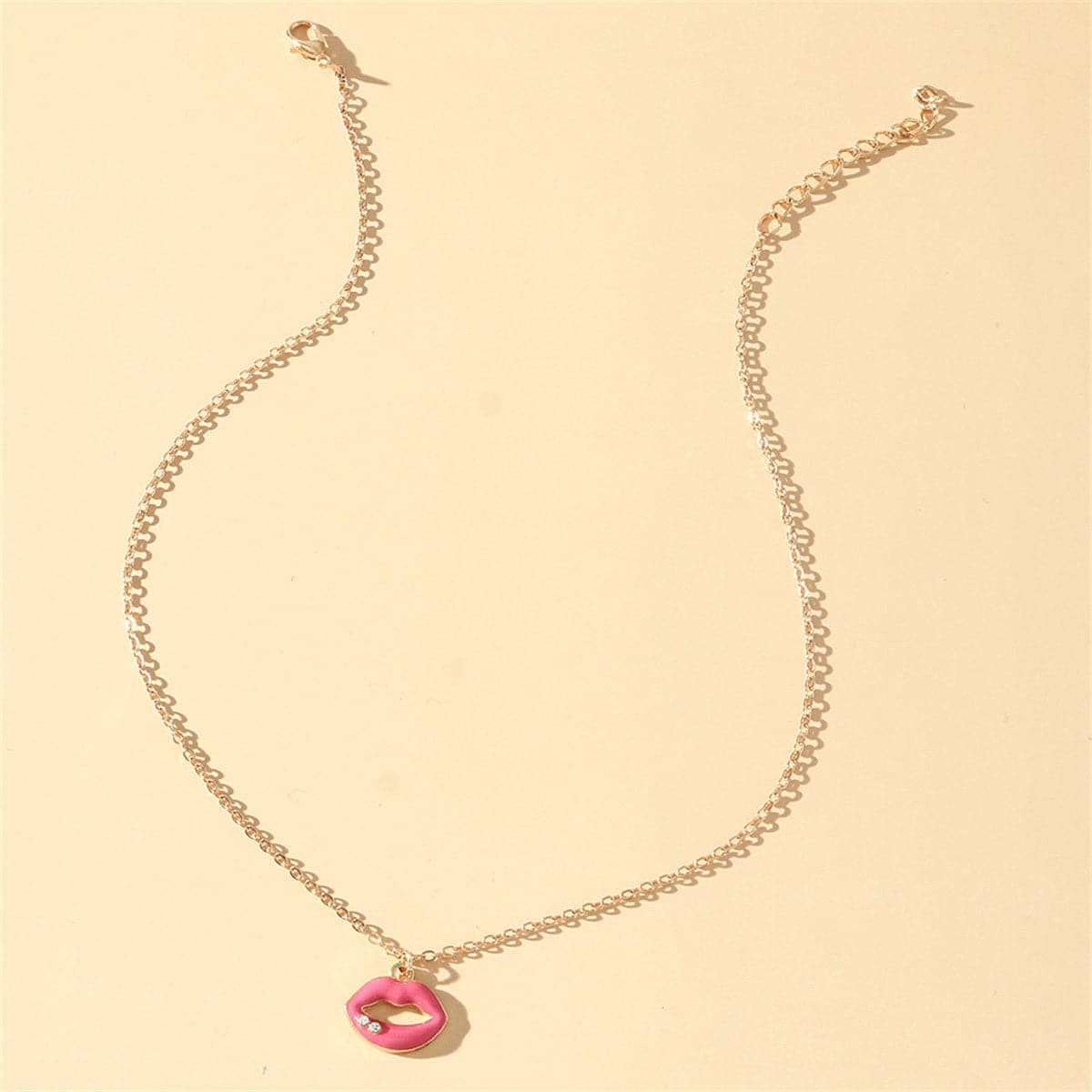 Cubic Zirconia & Pink Enamel Lip Pendant Necklace