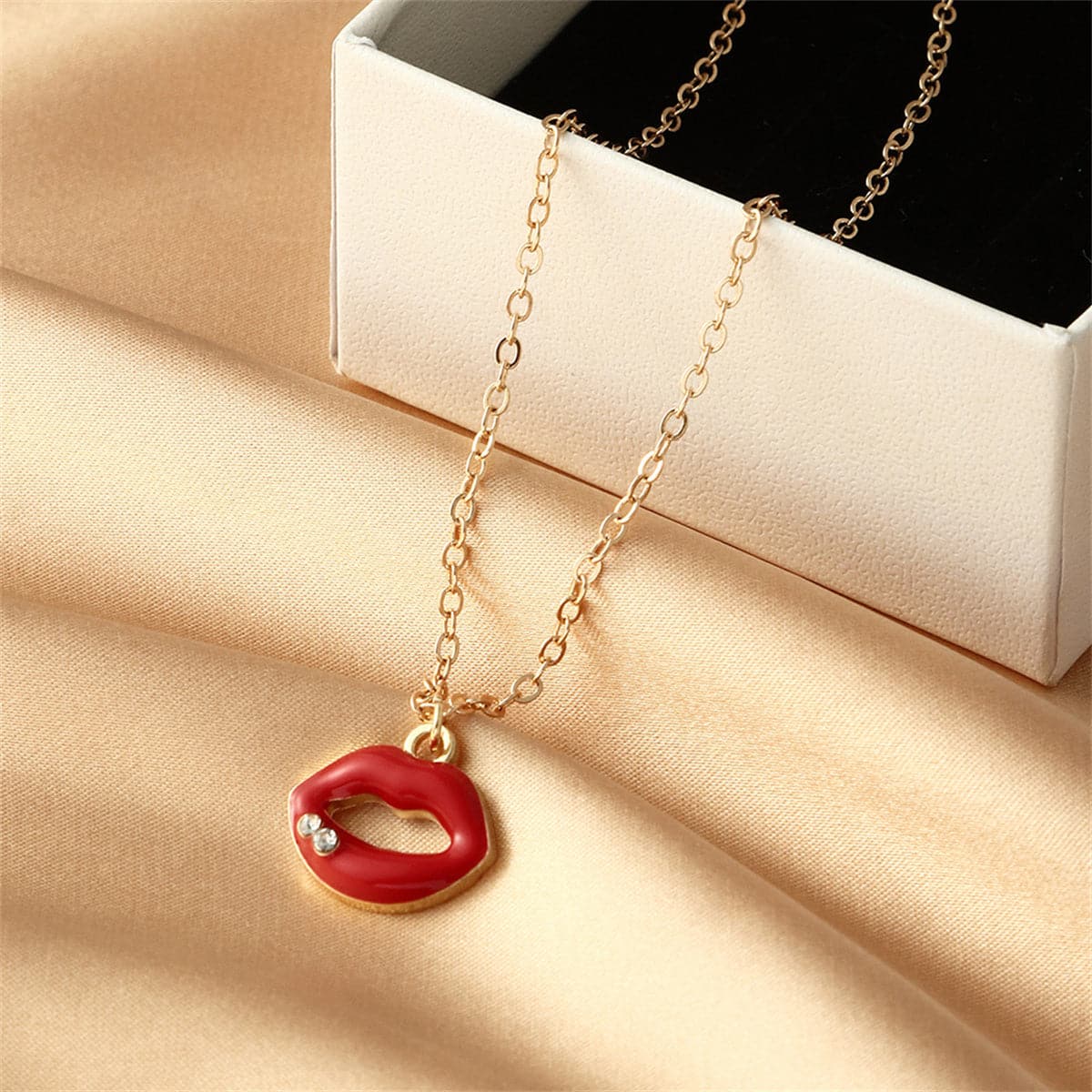 Cubic Zirconia & Red Enamel Lip Pendant Necklace