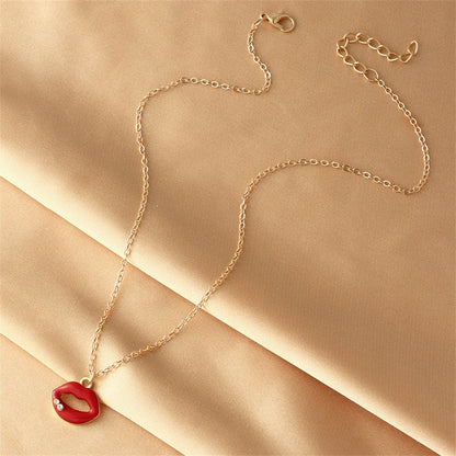 Cubic Zirconia and Red Enamel Lip Pendant Necklace, pendant necklace for women, dainty minimalist design, detail close-up