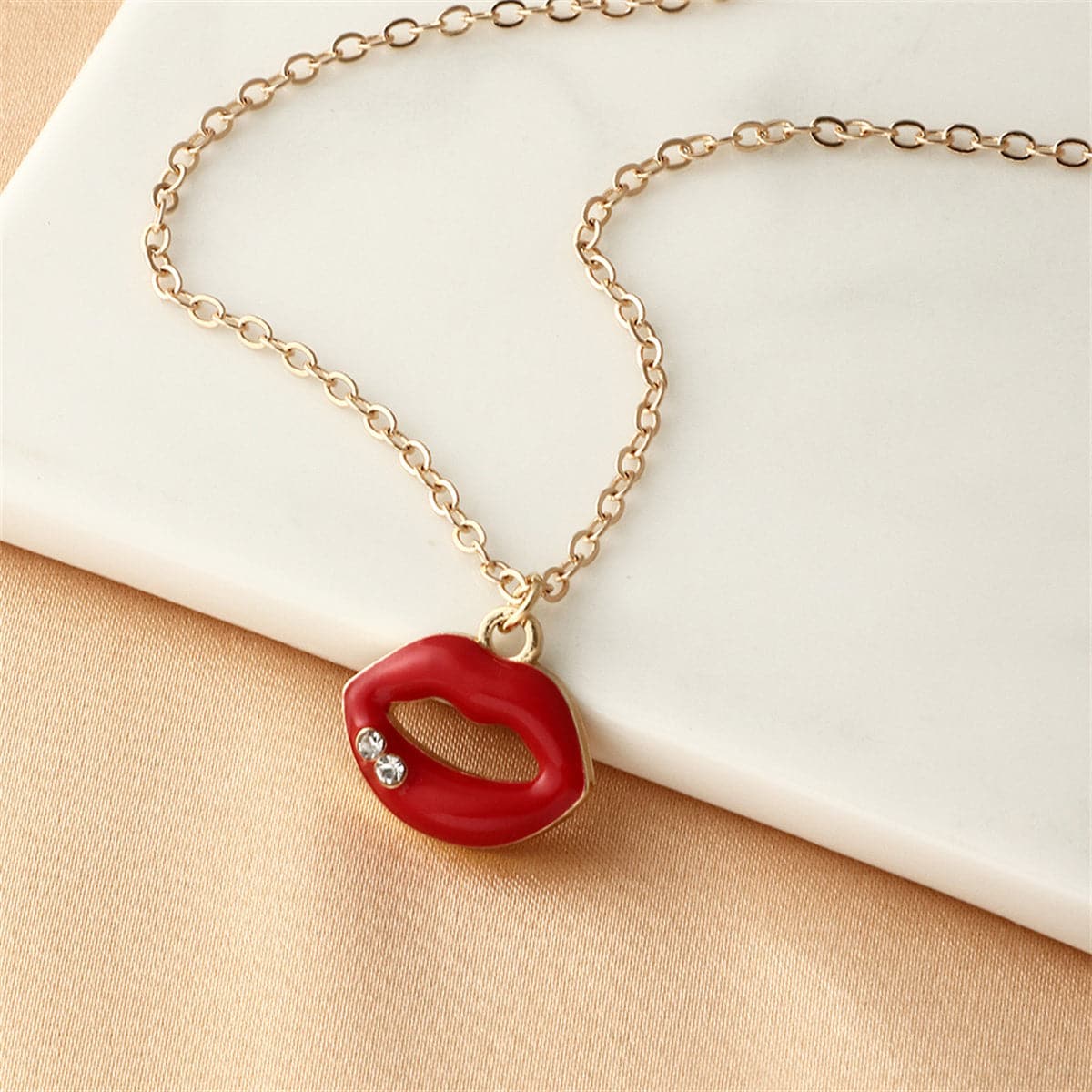 Cubic Zirconia & Red Enamel Lip Pendant Necklace