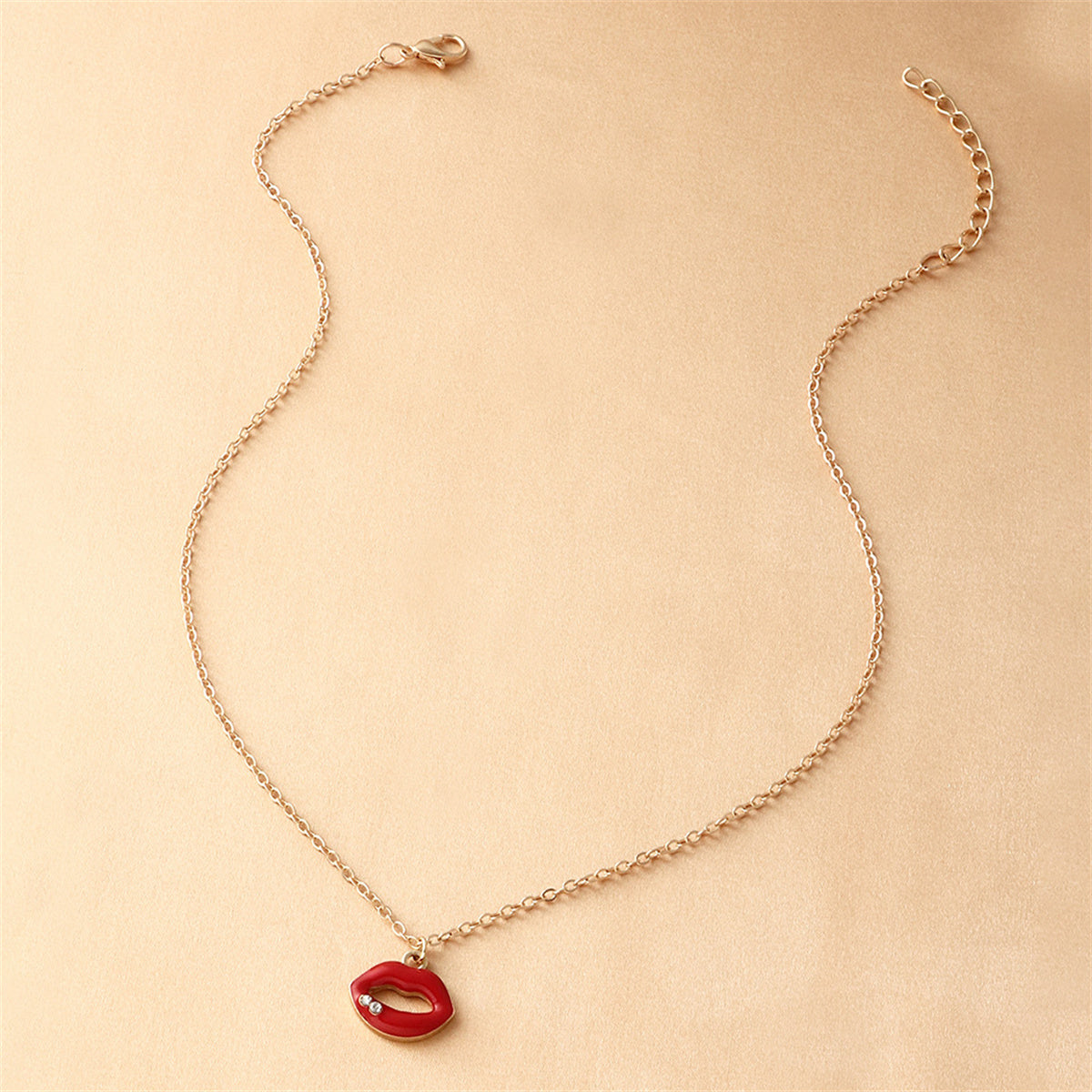 Cubic Zirconia & Red Enamel Lip Pendant Necklace