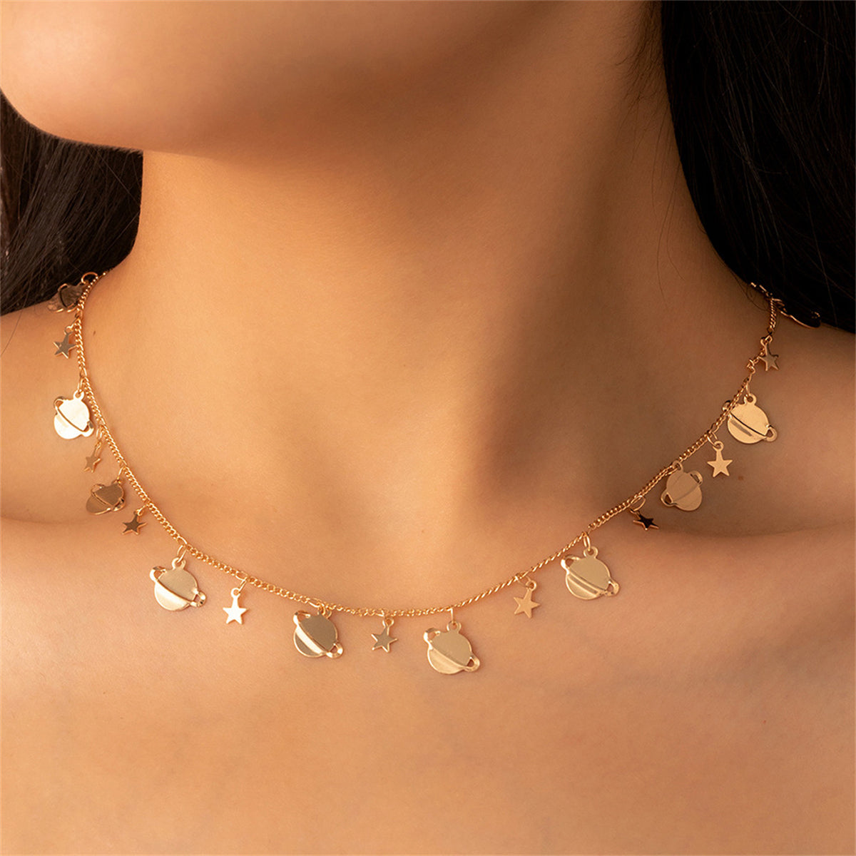18K Gold-Plated Star Planet Station Necklace, gold pendant necklace for women, vintage-inspired design, front view
