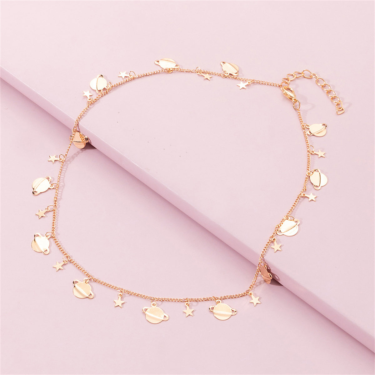 18K Gold-Plated Star Planet Station Necklace, gold pendant necklace for women, vintage-inspired design, side view