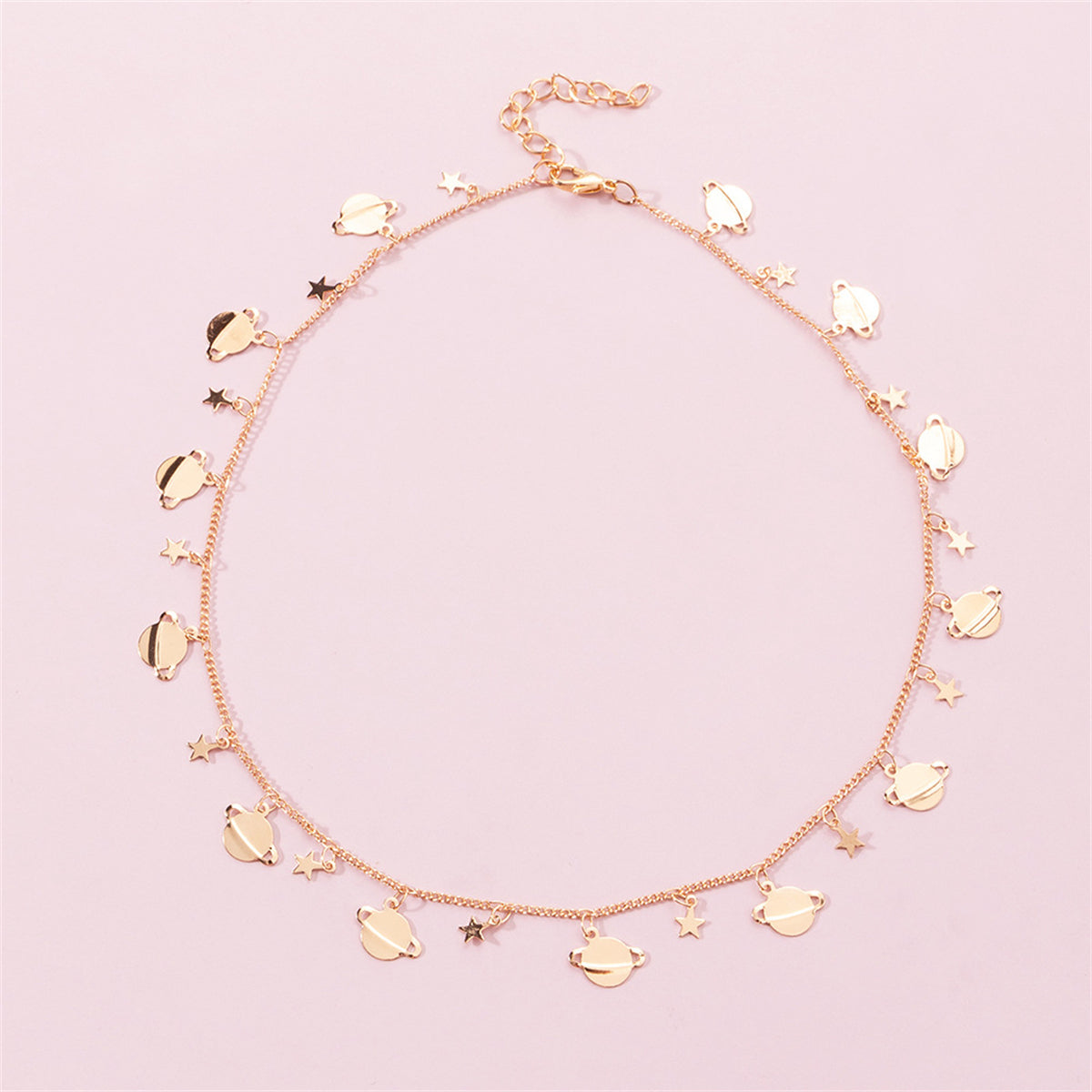 18K Gold-Plated Star Planet Station Necklace, gold pendant necklace for women, vintage-inspired design, detail close-up