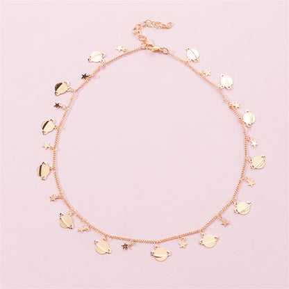 18K Gold-Plated Star Planet Station Necklace, gold pendant necklace for women, vintage-inspired design, detail close-up