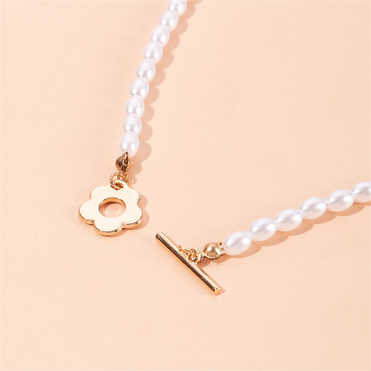 Pearl and 18K Gold-Plated Flower Toggle Necklace, gold pendant necklace for women, elegant gift for her, side view