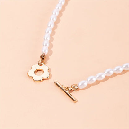 Pearl and 18K Gold-Plated Flower Toggle Necklace, gold pendant necklace for women, elegant gift for her, side view