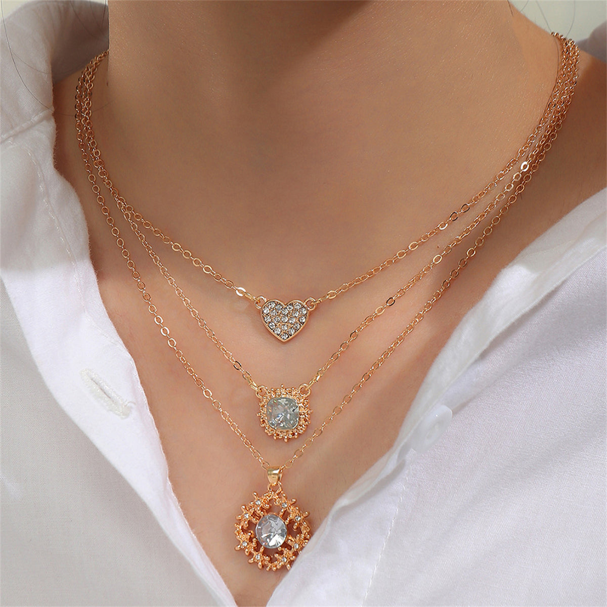 Crystal and Cubic Zirconia Heart Pendant Necklace Set, pendant necklace for women, botanical inspired, front view