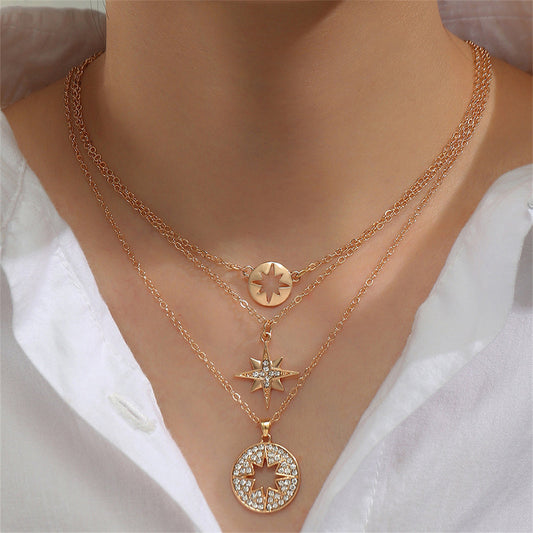 Cubic Zirconia and 18K Gold-Plated Pavé Star Pendant Necklace Set, gold pendant necklace for women, front view