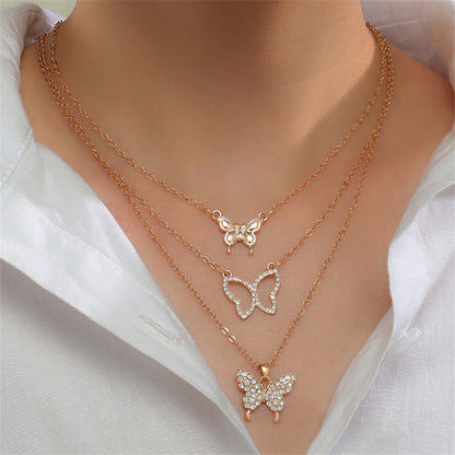 Cubic Zirconia and 18K Gold-Plated Butterfly Pendant Necklace Set, gold pendant necklace for women, front view