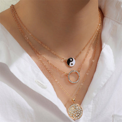 Cubic Zirconia and Black Enamel Yin-Yang Pendant Necklace Set, pendant necklace for women, front view