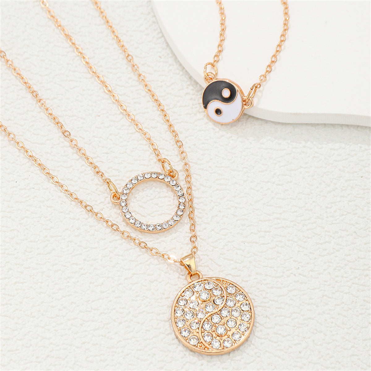 Cubic Zirconia and Black Enamel Yin-Yang Pendant Necklace Set, pendant necklace for women, detail close-up