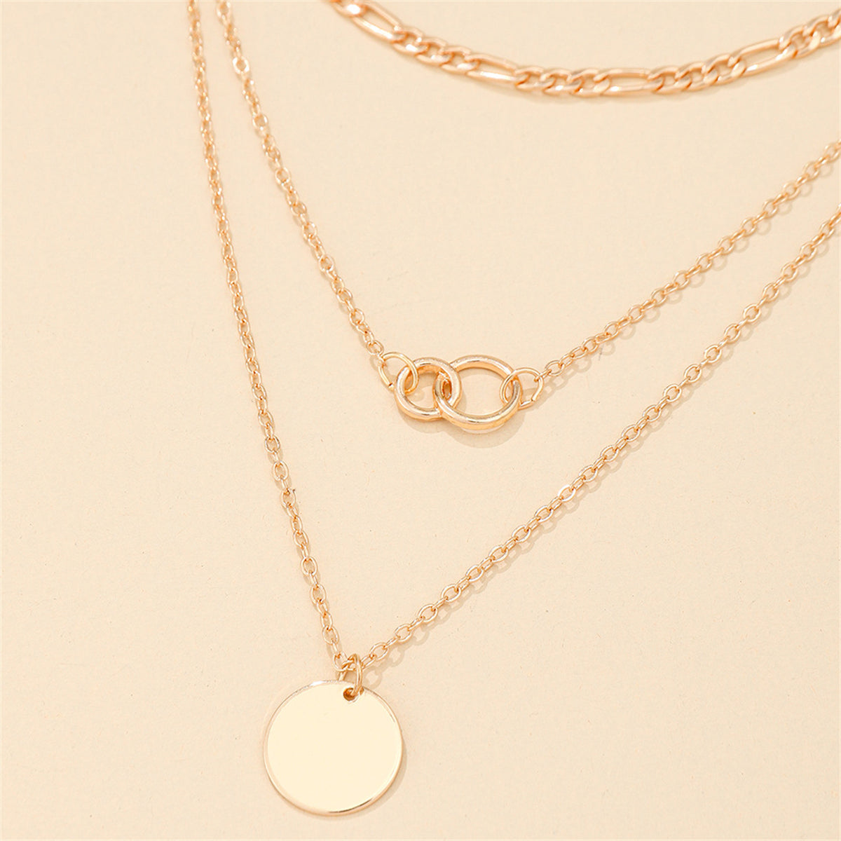 18K Gold-Plated Figaro Chain Round Layered Pendant Necklace