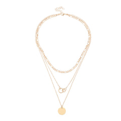 18K Gold-Plated Figaro Chain Round Layered Pendant Necklace