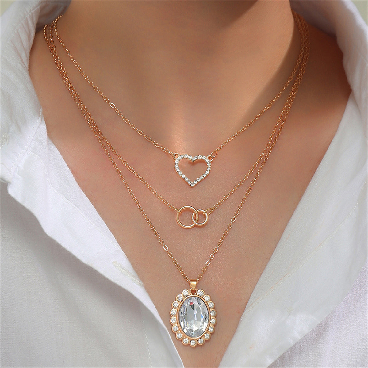 Clear Crystal and Cubic Zirconia 18K Gold-Plated Oval Pendant Necklace Set, gold pendant necklace for women, front view