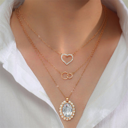 Clear Crystal and Cubic Zirconia 18K Gold-Plated Oval Pendant Necklace Set, gold pendant necklace for women, front view