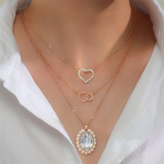 Clear Crystal and Cubic Zirconia 18K Gold-Plated Oval Pendant Necklace Set, gold pendant necklace for women, front view
