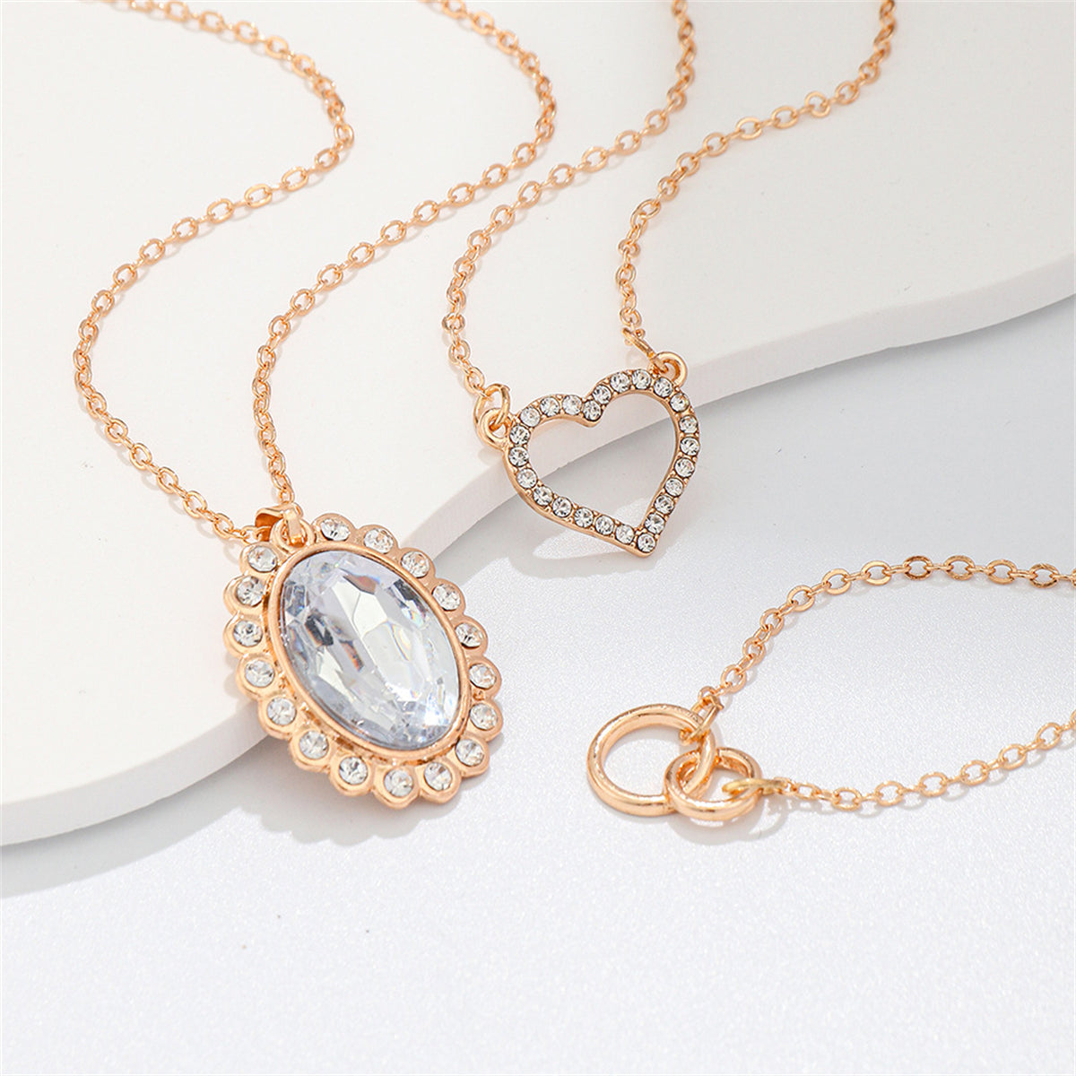Clear Crystal and Cubic Zirconia 18K Gold-Plated Oval Pendant Necklace Set, gold pendant necklace for women, side view