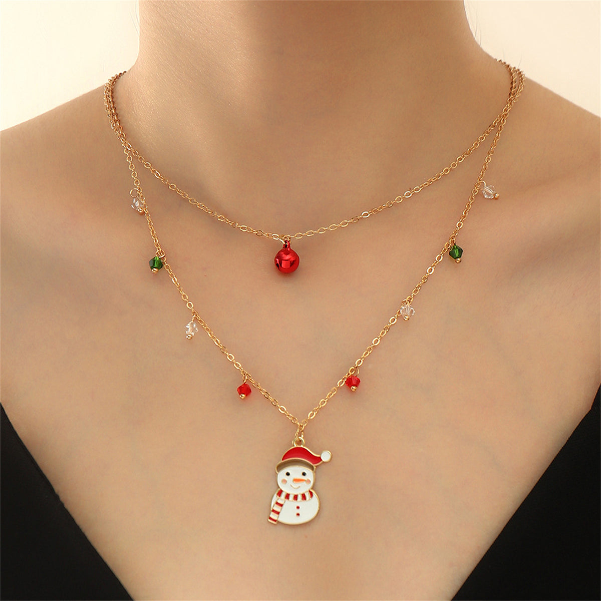 Red Crystal and White Enamel Snowman Bell Layered Pendant Necklace, pendant necklace for women, everyday style, front view