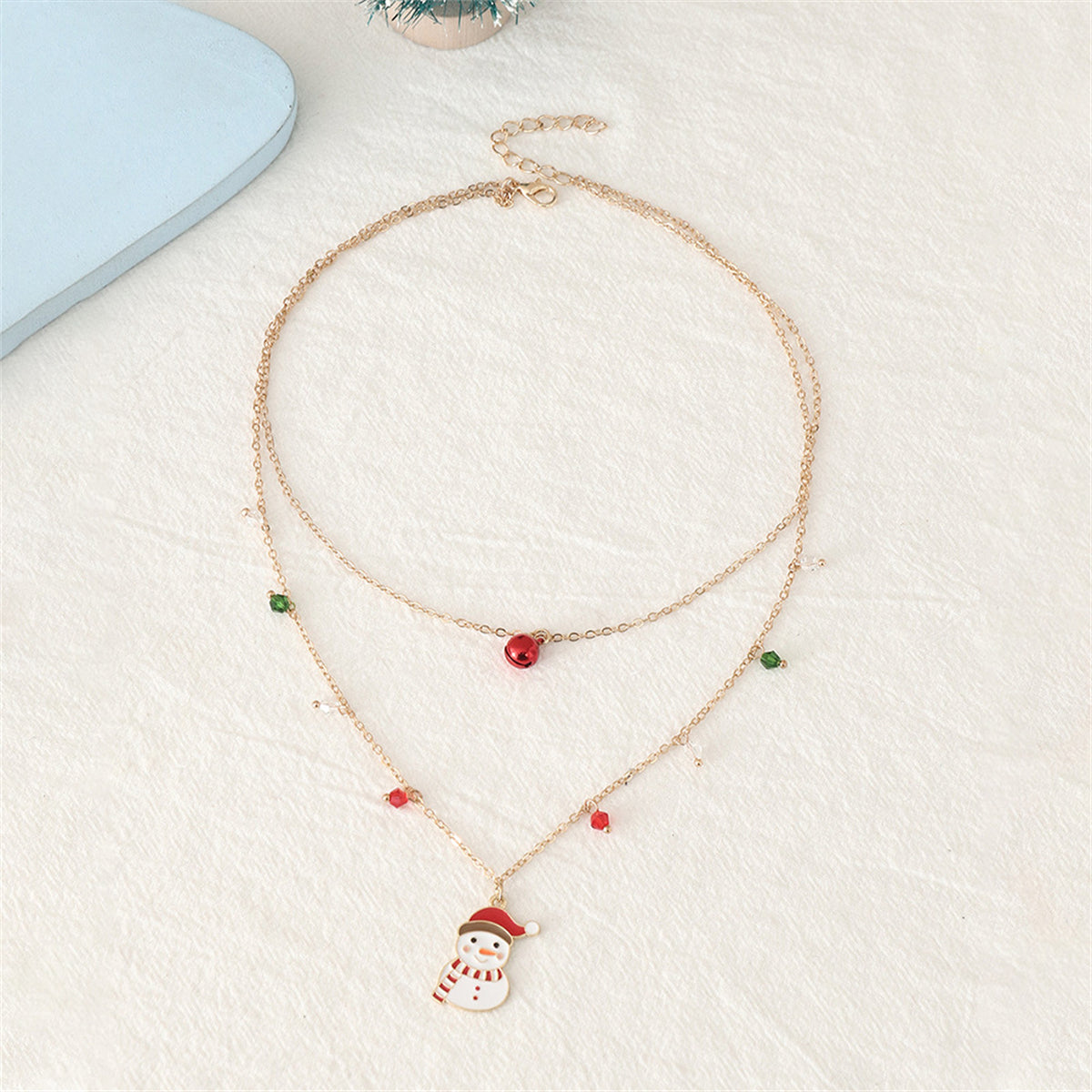 Red Crystal and White Enamel Snowman Bell Layered Pendant Necklace, pendant necklace for women, detail close-up