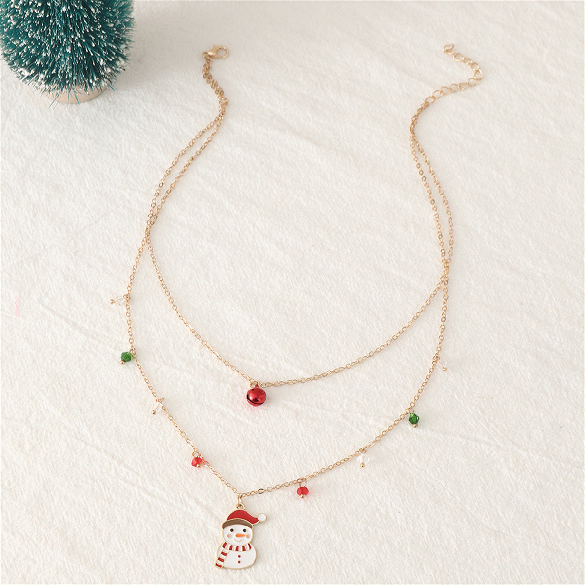 Red Crystal and White Enamel Snowman Bell Layered Pendant Necklace, pendant necklace for women, lifestyle look