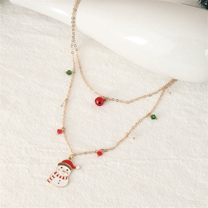 Red Crystal and White Enamel Snowman Bell Layered Pendant Necklace, pendant necklace for women, everyday style, styled look