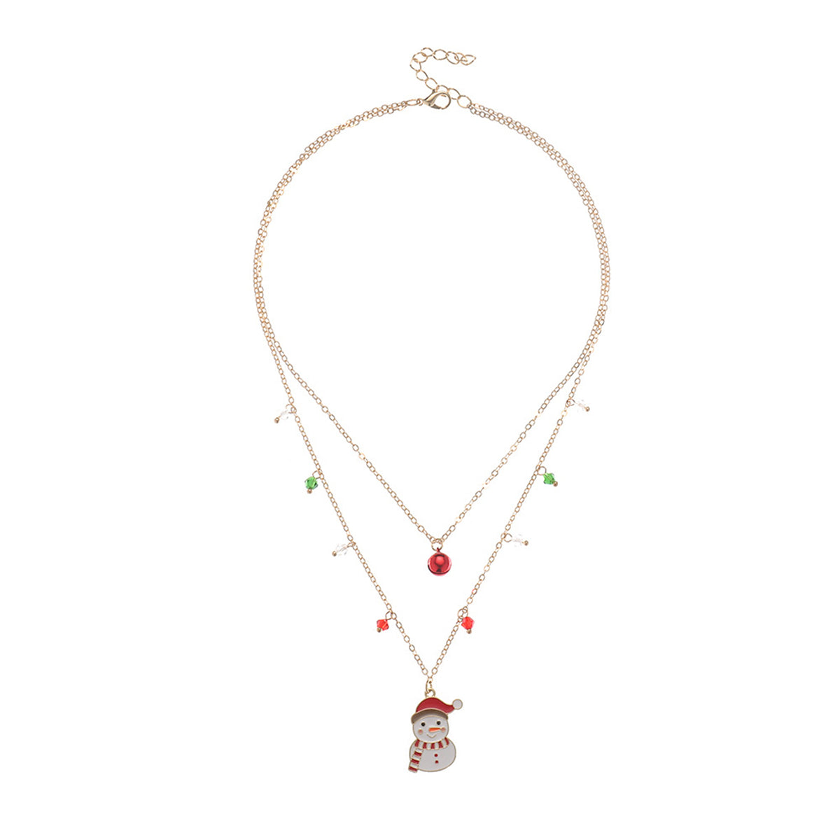 Red Crystal and White Enamel Snowman Bell Layered Pendant Necklace, pendant necklace for women, everyday style, side view