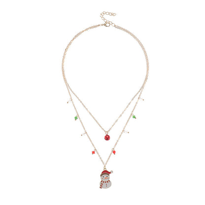 Red Crystal and White Enamel Snowman Bell Layered Pendant Necklace, pendant necklace for women, everyday style, side view