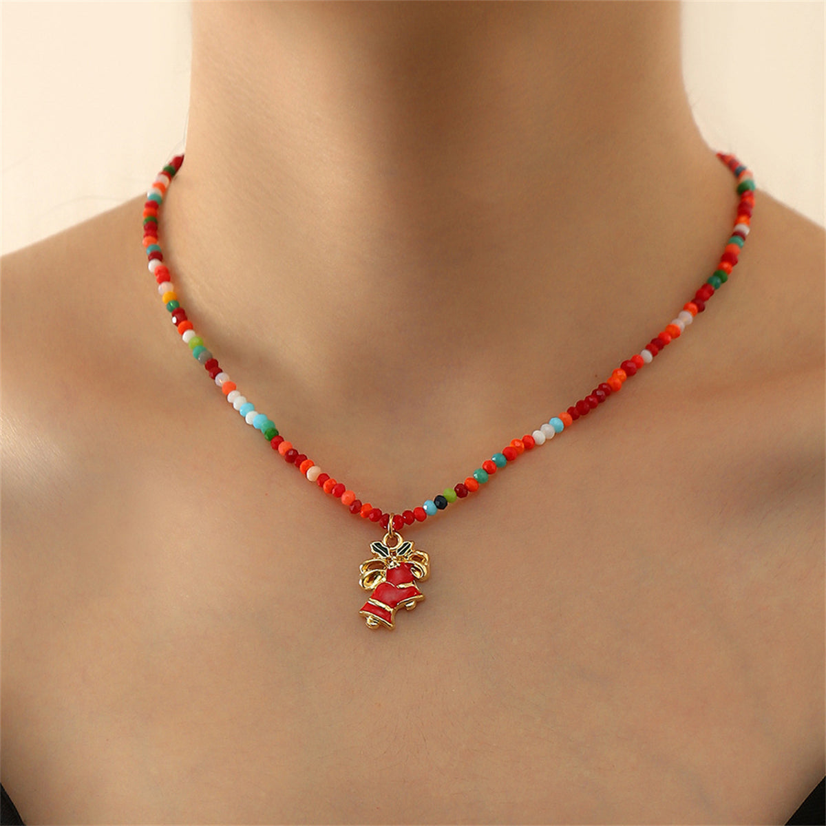 Red Multicolor Acrylic and 18K Gold-Plated Bell Pendant Necklace, gold pendant necklace for women, front view