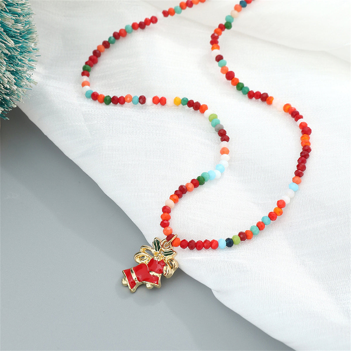 Red Multicolor Acrylic and 18K Gold-Plated Bell Pendant Necklace, gold pendant necklace for women, detail close-up