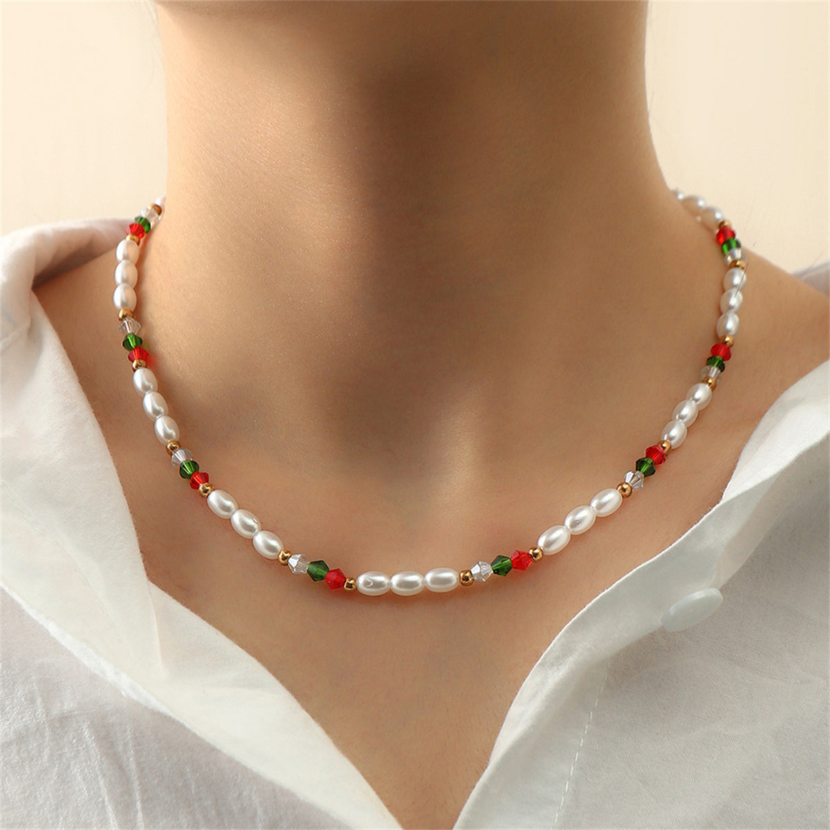 Pearl and Red Beaded Station Necklace, pendant necklace for women, everyday style, front view