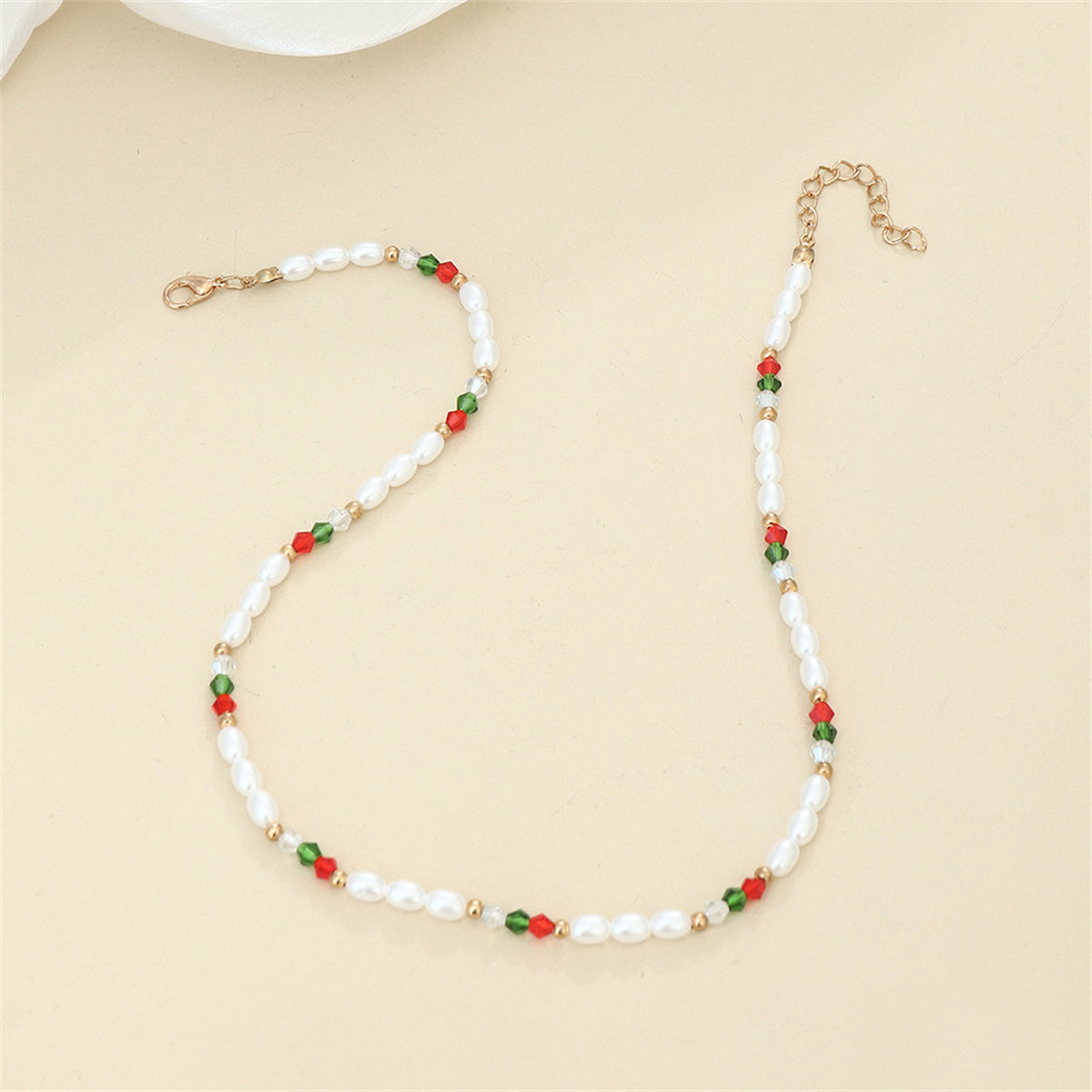 Pearl and Red Beaded Station Necklace, pendant necklace for women, everyday style, detail close-up
