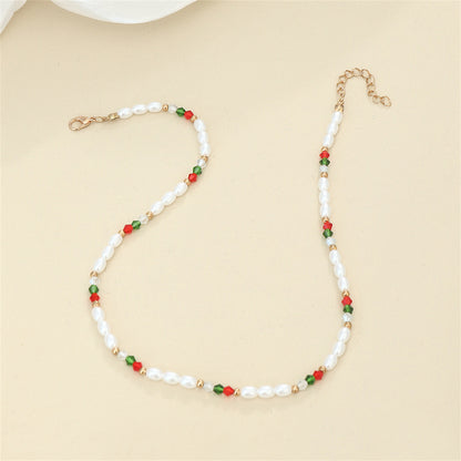 Pearl and Red Beaded Station Necklace, pendant necklace for women, everyday style, detail close-up