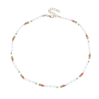 Pearl and Red Beaded Station Necklace, pendant necklace for women, everyday style, side view