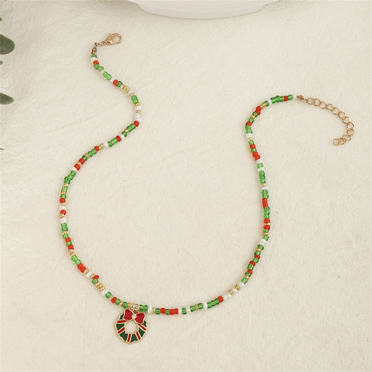 Cubic Zirconia and Green Beaded Bow Wreath Pendant Necklace, pendant necklace for women, botanical inspired, front view