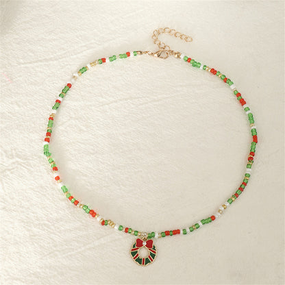 Cubic Zirconia and Green Beaded Bow Wreath Pendant Necklace, pendant necklace for women, botanical inspired, styled look