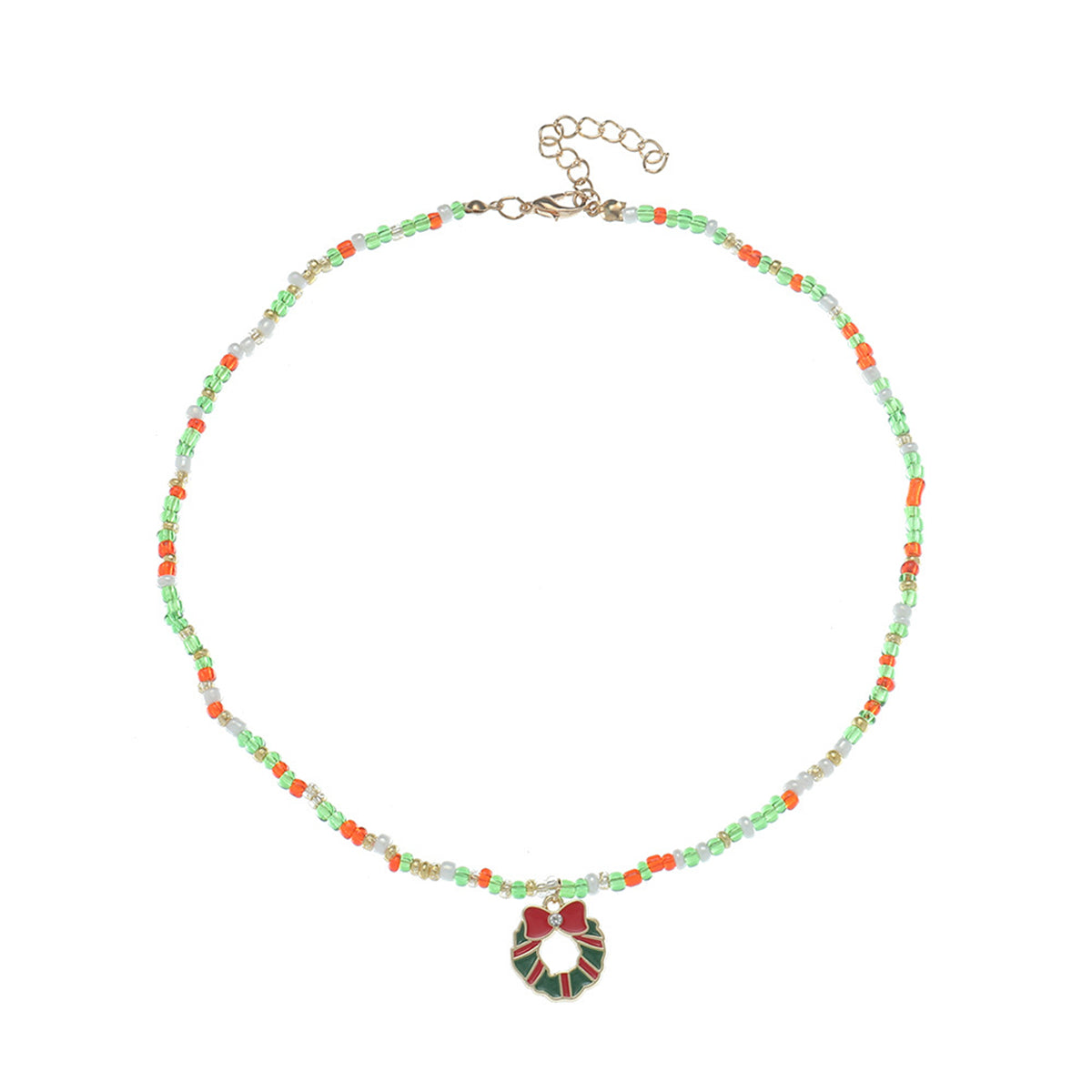 Cubic Zirconia and Green Beaded Bow Wreath Pendant Necklace, pendant necklace for women, botanical inspired, side view
