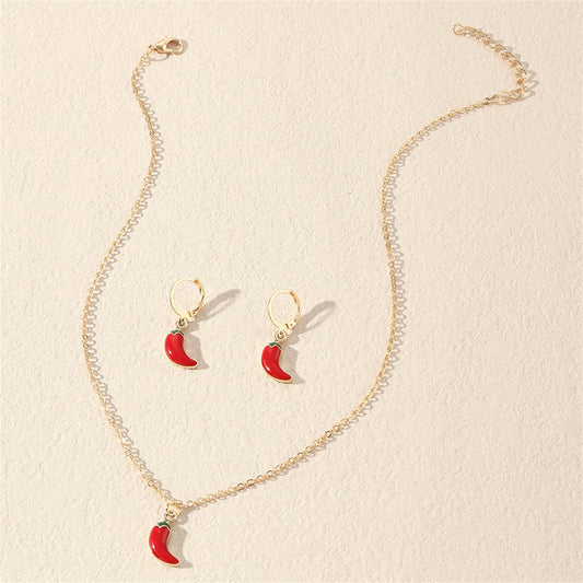 Red Enamel and 18K Gold-Plated Chili Pendant Necklace and Leverback Earrings, gold drop earrings for women, front view