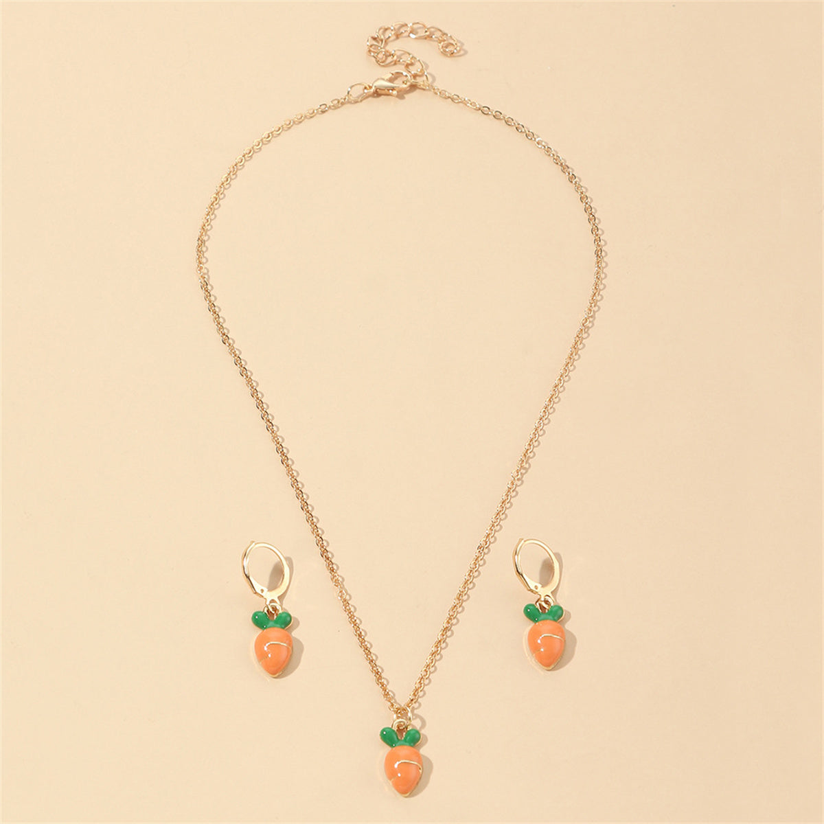 Orange & Green Enamel Carrot Pendant Necklace & Leverback Earrings