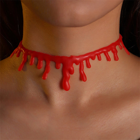 Red and Silver-Plated Blood Choker Necklace, chunky silver choker necklace, vintage-inspired design, front view