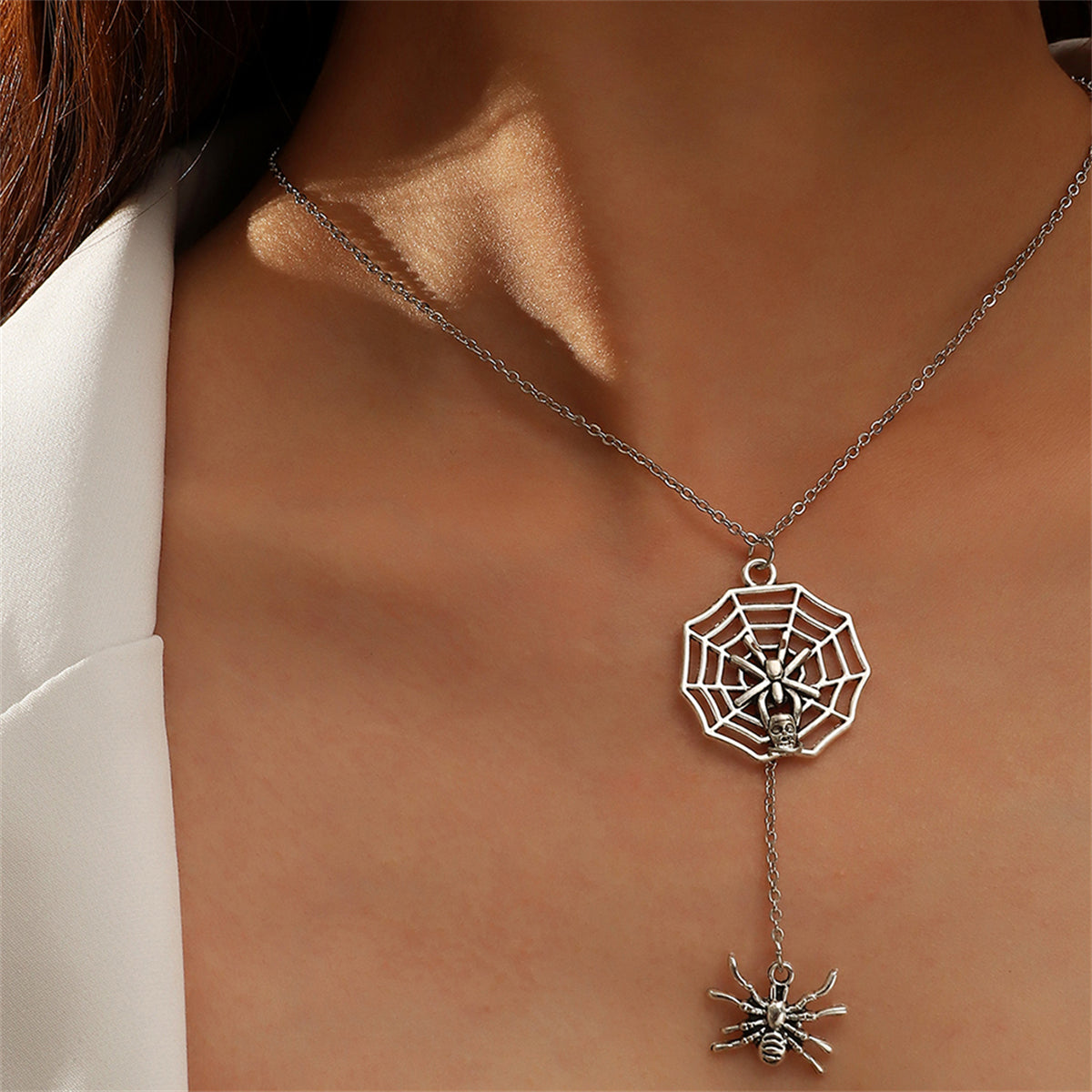 Silver-Plated Spider and Web Drop Necklace, silver pendant necklace for women, botanical inspired, side view