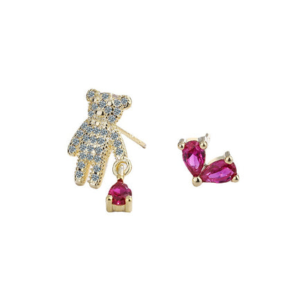 Pink Crystal and Cubic Zirconia Bear and Heart Mismatching Earrings, stud earrings for women, everyday style, side view