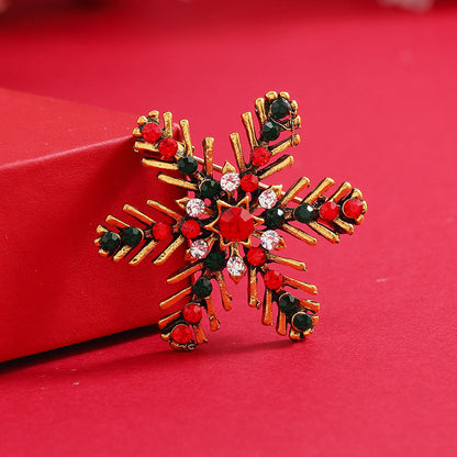 Black and Red Cubic Zirconia 18K Gold-Plated Snowflake Brooch, gold brooch pin, botanical inspired, front view