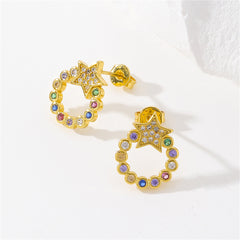 Pink Cubic Zirconia & 18K Gold-Plated Circle Star Stud Earrings