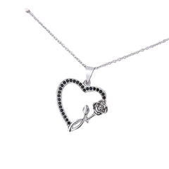 Black Cubic Zirconia & Silver-Plated Rose Heart Pendant Necklace