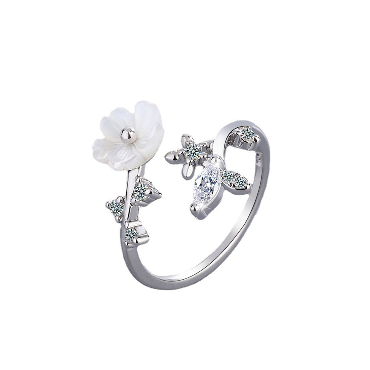 Cubic Zirconia and Shell Silver-Plated Shell Flower Bypass Ring, silver statement rings for women, front view